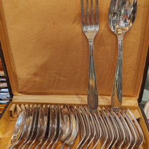 Série de 12 Fourchettes et 12 Cuillères de Table en Métal Argenté dans leur Écrin