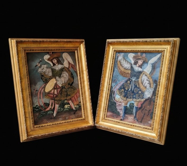 École de Cuzco
Paire d'Archanges Arquebusiers
Huile sur toile, cadre mouluré
52 cm x 42cm