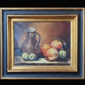 Jean TRIOLET né à Marseille en 1939 
Huile sur toile 51cm x 43 cm 
« Nature morte aux fruits »