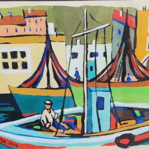 Henri AUTRAN (1926-2007)
"Pêcheur sur son bateau" 
gouache sur papier sous verre , signée, encadrée
45 x 58 cm