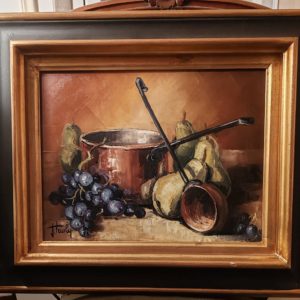 Jean TRIOLET né à Marseille en 1939 Huile sur toile 51cm x 43 cm «  Nature morte aux raisins, poires et casseroles  »